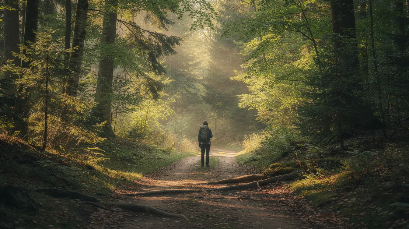 A person stands at a fork in a wooded trail, surrounded by tall trees with sunlight filtering through the leaves, creating a serene atmosphere. This scene symbolizes the choices one faces regarding retirement age and when to begin receiving social security retirement benefits, highlighting the importance of making informed decisions about financial futures.