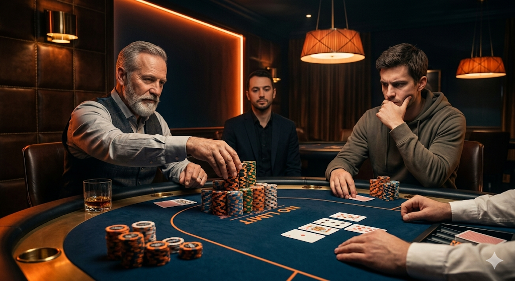 Spelers aan een pokertafel tijdens een intens No Limit Texas Hold’em cash game, waar strategie, positie aan tafel en het lezen van tegenstanders een belangrijke rol spelen.