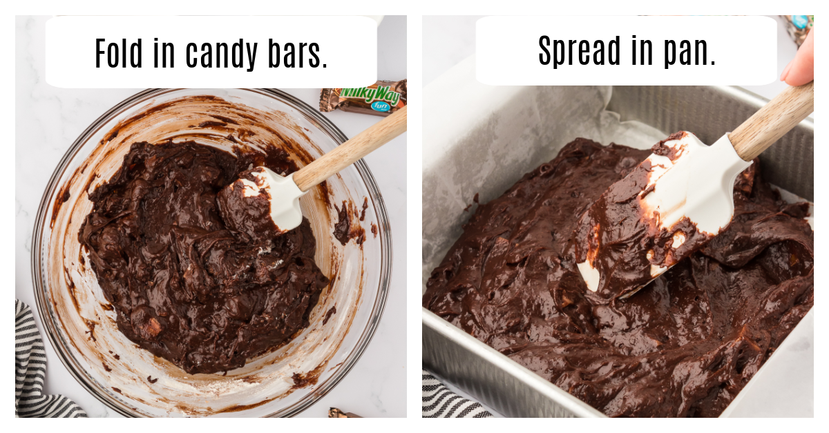 chopped candy bars added to brownie batter and batter spread into pan