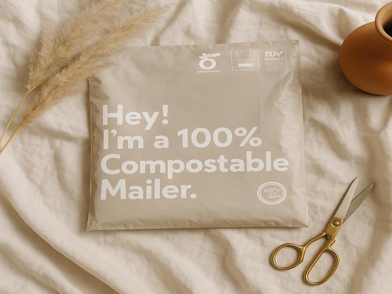 A picture of a light brown compostable mailer bag with white writing that says "Hey! I'm a 100% Compostable Mailer" lies on soft cream fabric. There are two pieces of dried grass on the left, gold scissors on the right, and a brown vase in the top corner.