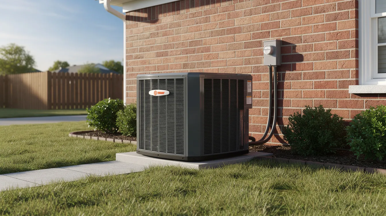 The image shows a Trane outdoor condenser unit installed on a concrete pad next to a brick residential home in a suburban neighborhood, highlighting the efficient system designed for energy savings and optimal humidity control. This central air conditioner is part of a comprehensive HVAC system that promises greater efficiency and reduced cooling costs during the annual cooling season.