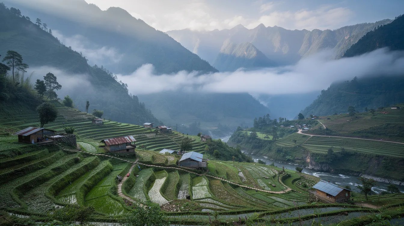 627535e8 69e2 472b 8b24 615571a0be4f The image depicts a picturesque mountain valley in Arunachal Pradesh, India, featuring lush terraced farms and misty peaks rising in the background. This scenic landscape highlights the region's abundant natural resources and potential for sustainable growth, making it an ideal location for aspiring entrepreneurs interested in agriculture and eco-tourism.