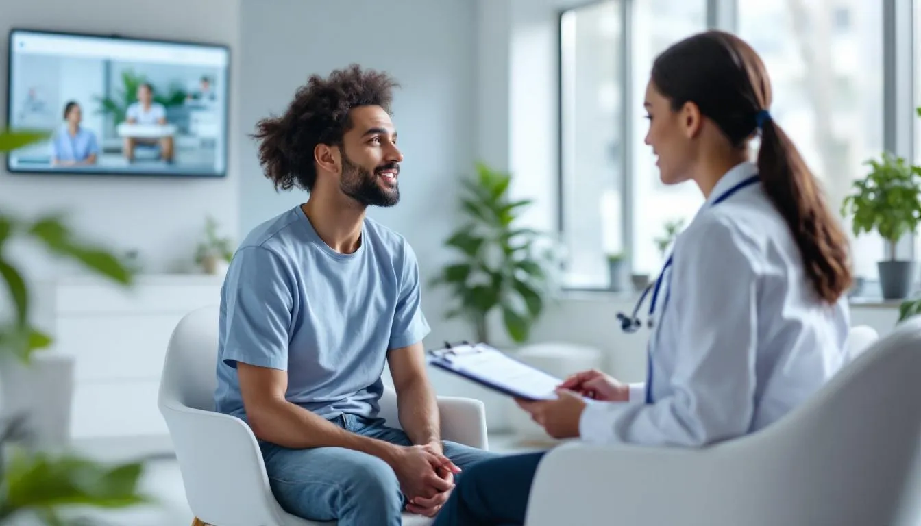 A person is consulting with a healthcare professional in a bright, modern medical office, discussing the benefits of magnesium supplementation for improving sleep quality and muscle function. The setting conveys a sense of professionalism and care, emphasizing the importance of addressing magnesium deficiency and its impact on overall health.