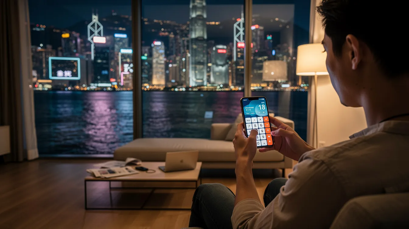 A person is sitting at a modern desk in a Hong Kong apartment, focused on using a smartphone calculator, while the city skyline is visible through the large window behind them. The scene reflects a blend of urban life and personal finance, hinting at the potential for online loans and financial services in the bustling metropolis.