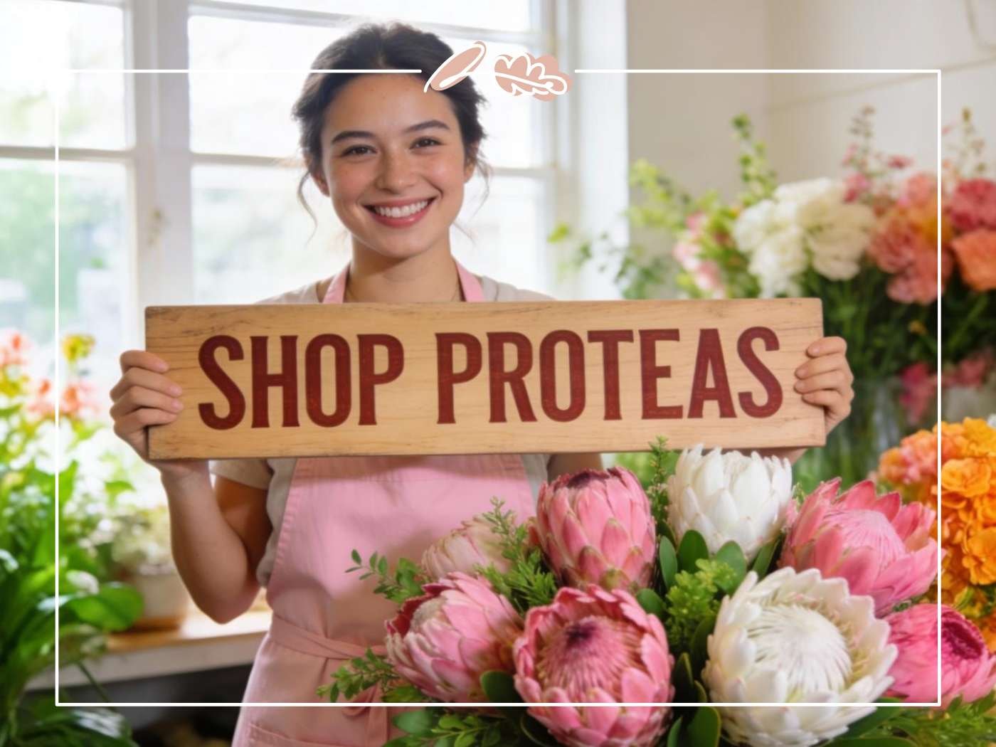 Smiling florist holding “Shop Proteas” sign in a flower studio with pink and white protea bouquet in the foreground