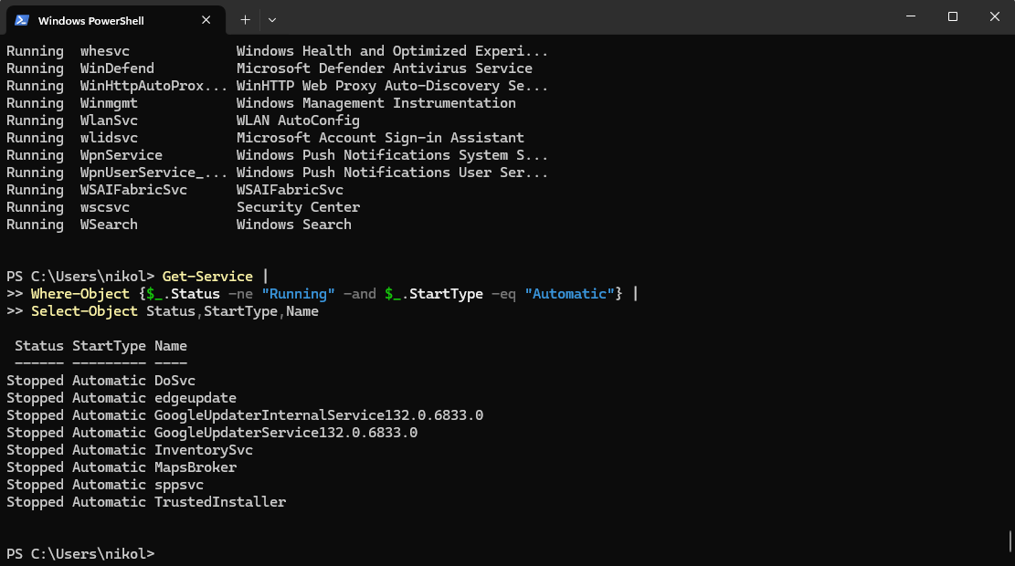 A PowerShell Command Prompt showing the statement "Get-Service | Where-Object {$_.Status -ne "Running" -and $_.StartType -eq "Automatic"} | Select-Object Status,StartType,Name".