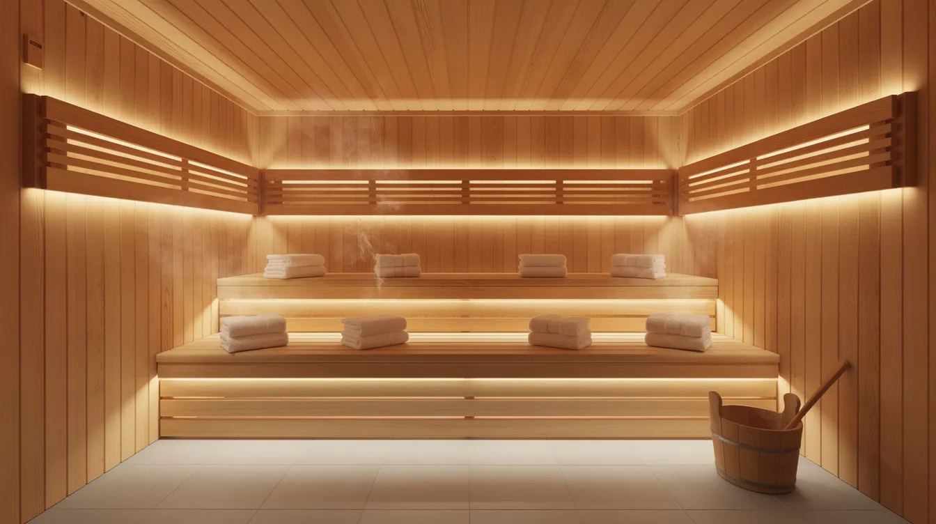 The image depicts a wide wooden sauna interior, featuring clean towels neatly arranged on the benches and soft ambient lighting that creates a calming atmosphere. This serene environment is ideal for sauna sessions, promoting muscle relaxation and offering various health benefits such as stress relief and enhanced circulation.