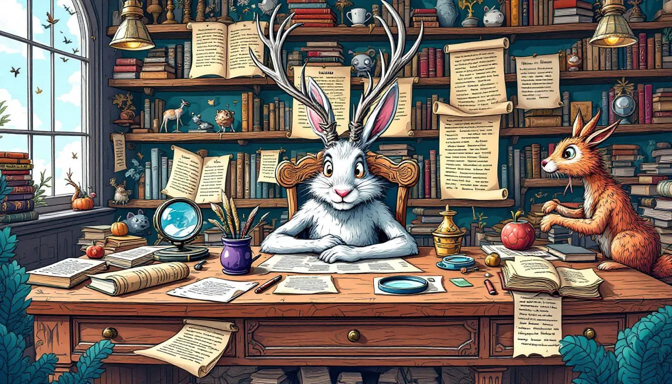 A scholarly setting with books and articles about the jackalope and its interpretations.