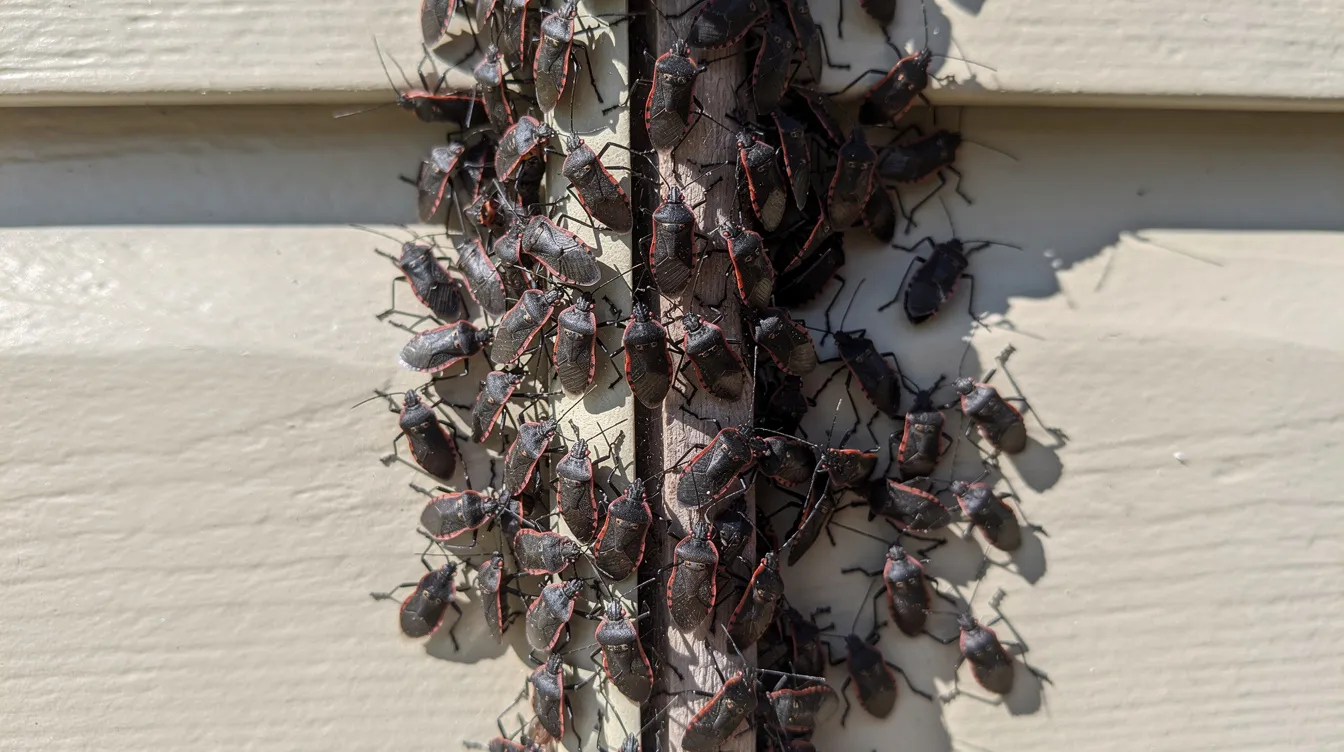 Boxelder Bug Identification 3 A large group of adult boxelder bugs is clustered on the sunny side of light-colored building siding, showcasing their bright red and black coloration. This boxelder bug infestation is often seen as a nuisance, especially as these pests gather in large numbers during the cooler months.