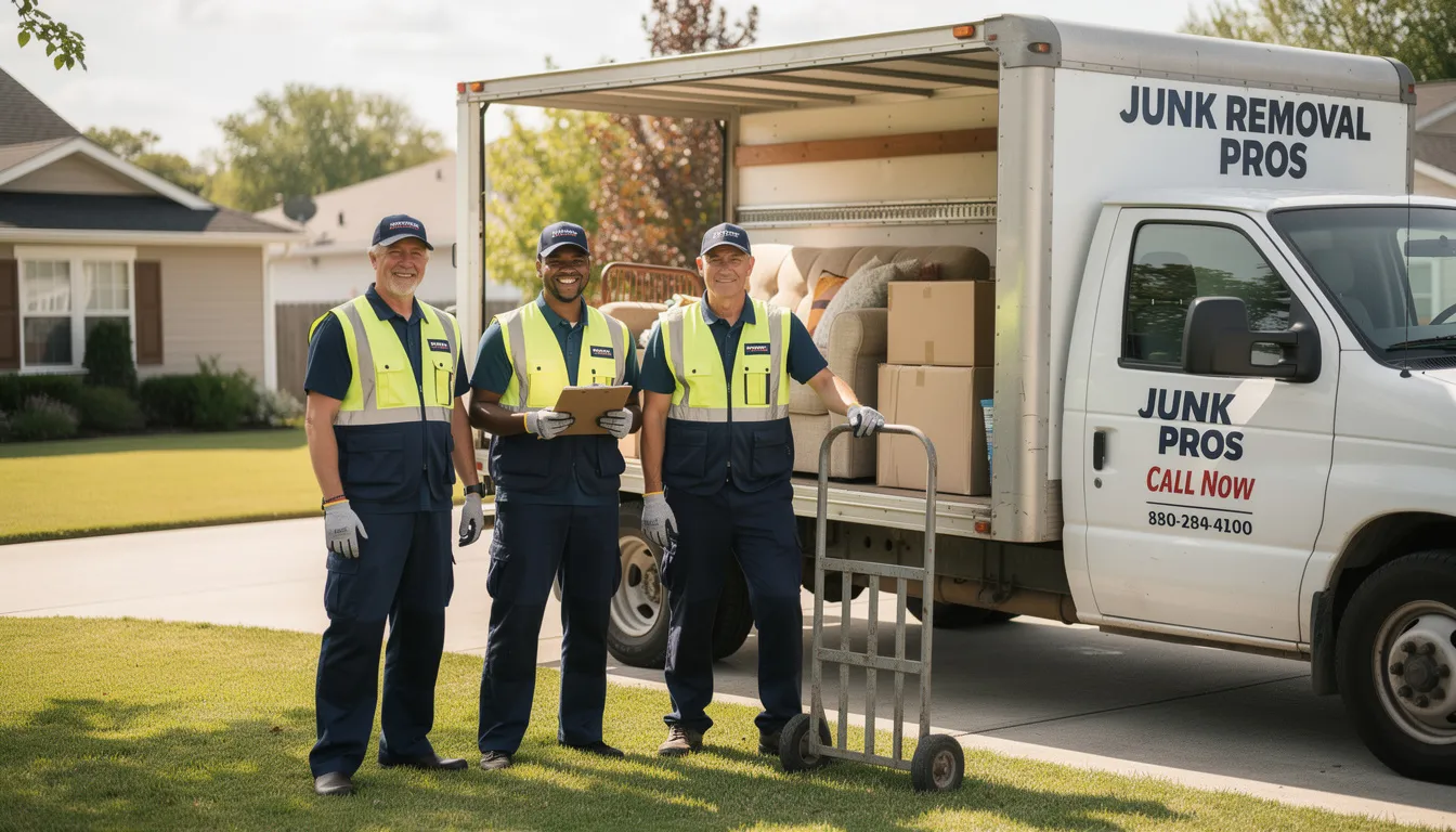 A professional junk removal crew, dressed in work gear, stands confidently next to their truck, ready to assist with various junk removal needs, including bulky items and construction debris. This hardworking team offers efficient and responsible disposal services, ensuring a stress-free experience for customers in Connecticut.