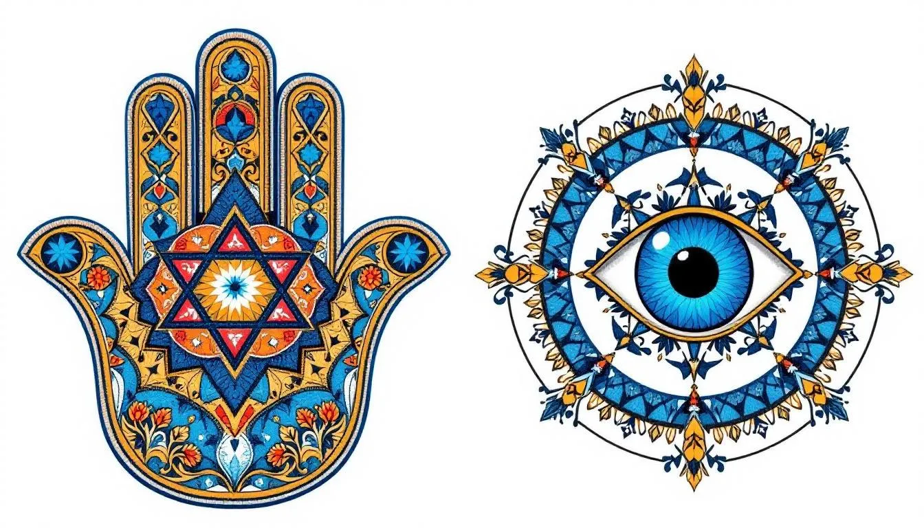 The image features a beautifully designed hamsa symbol, an open hand adorned with intricate patterns, representing protection and good fortune in Jewish and Islamic cultures. Accompanying the hamsa is a prominent evil eye, symbolizing warding off bad luck, both elements reflecting deep historical and cultural significance in the Jewish religion and art.