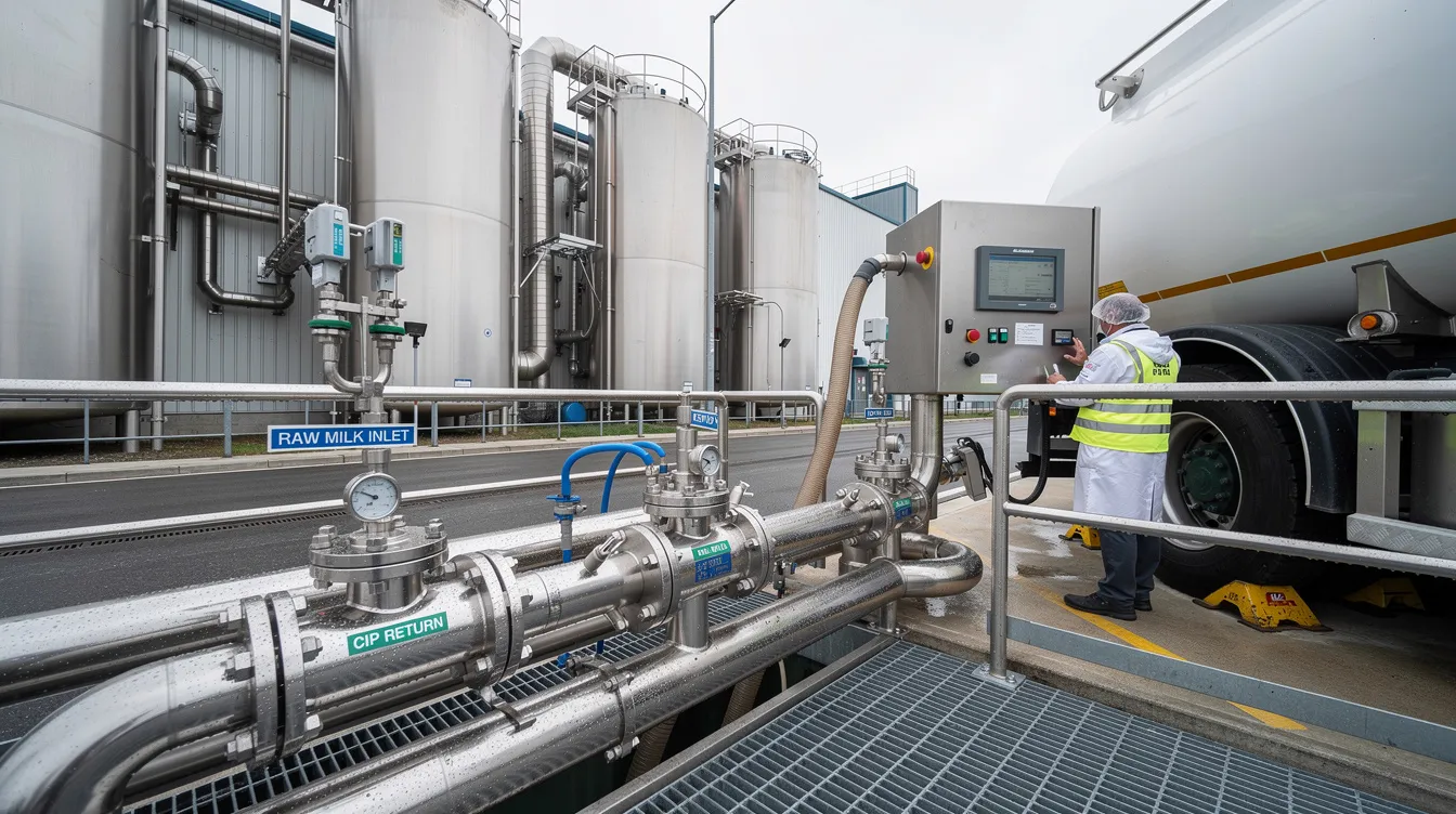 62836ca8 fdd8 49a9 b457 19409106e209 The image depicts a stainless steel milk reception dock at a modern dairy processing plant, where a tanker is being unloaded with raw milk. This facility highlights the advanced machinery used in the Indian dairy industry for efficient milk processing and quality control.