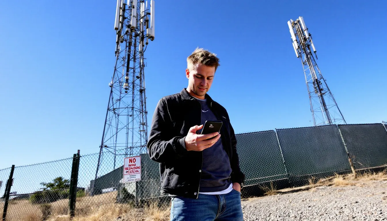 A person stands near the US-Mexico border, checking their Verizon phone while cellular towers loom in the background. This scene highlights the importance of staying connected while traveling internationally, with options like unlimited talk and data plans that include Mexico and Canada.
