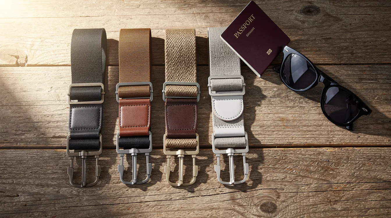The image features a variety of travel bag strap styles arranged on a wooden table, accompanied by a passport and sunglasses. These straps, designed for everyday use, include options such as anti-theft phone straps and wrist straps, showcasing their functionality and stylish appeal for secure travel.