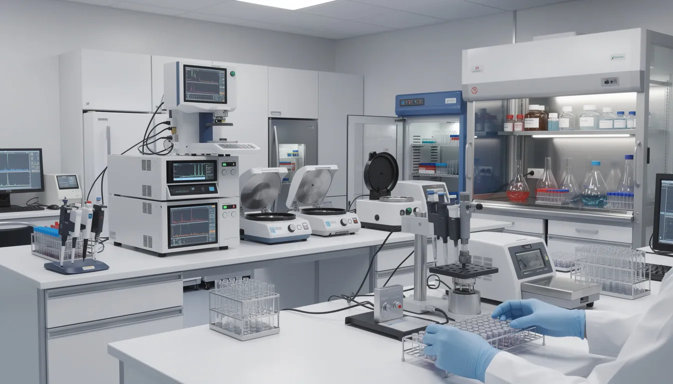 The image depicts a scientific laboratory filled with advanced analytical equipment and sample processing stations, highlighting a space dedicated to research on metabolic diseases and energy metabolism. Various instruments are arranged methodically, suggesting a focus on studies related to insulin sensitivity, mitochondrial function, and the effects of exercise on metabolic health.
