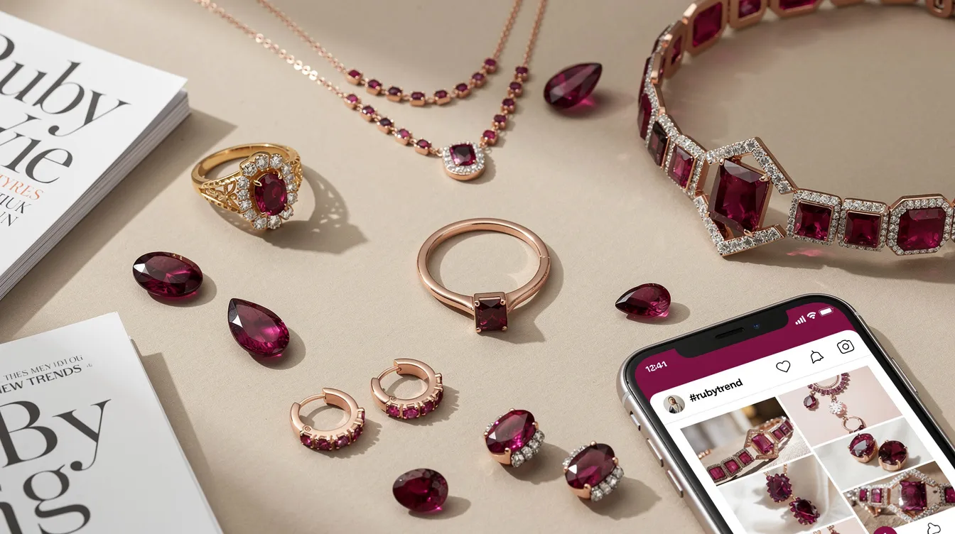 The image showcases a variety of stunning ruby jewellery styles, including necklaces, bracelets, and earrings, all featuring the vibrant red variety of this beloved gemstone, known as the July birthstone. This collection reflects the beauty and passion associated with rubies, often linked to love and confidence, making them perfect for romantic occasions or as cherished gifts for loved ones.