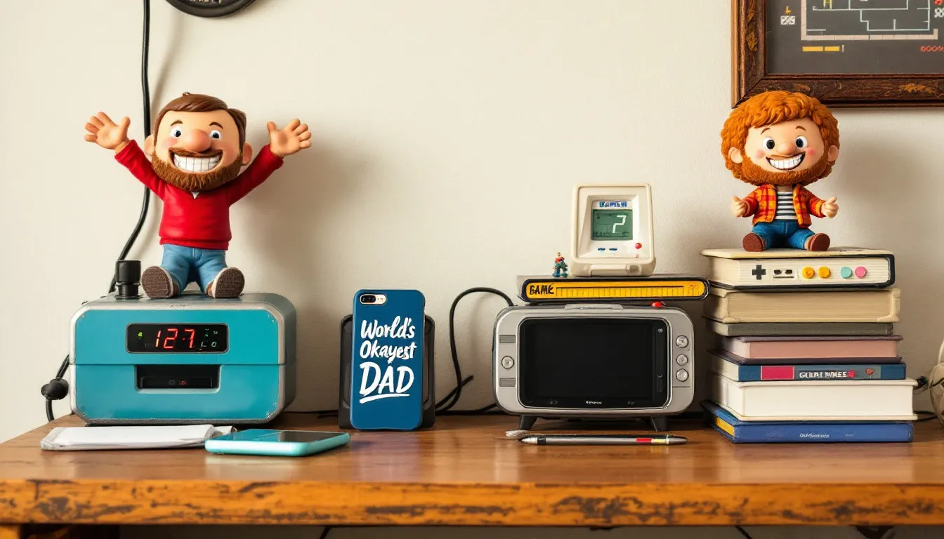 A colorful selection of tech gifts for Father's Day is displayed on a desk, featuring a Bluetooth BBQ thermometer, a custom phone case with a humorous dad quote, and a retro arcade game console. The scene is playfully decorated with a bobblehead and a "World’s Best Farter" sticker, making it a perfect collection of funny Father's Day gifts for cool dads.