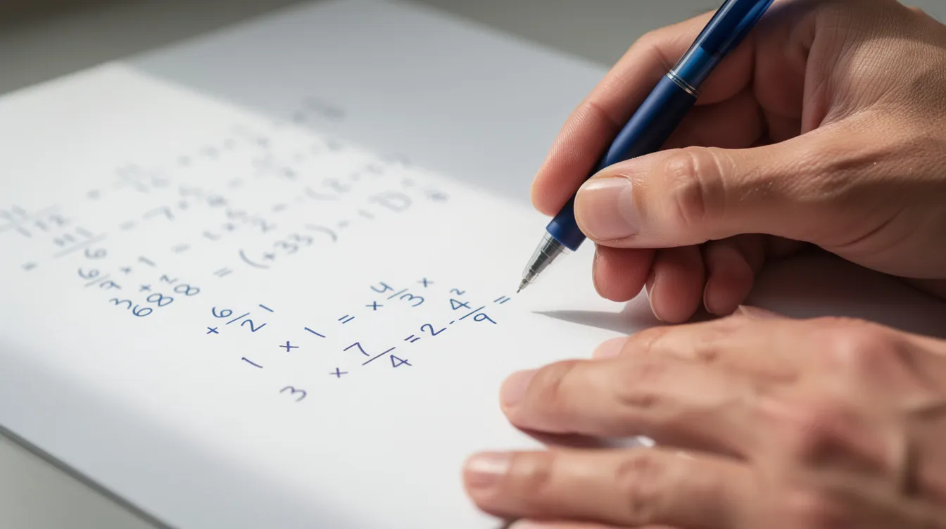 Na obrazie widać ręce piszące krok po kroku obliczenia matematyczne niebieskim długopisem na białej kartce papieru. Używane są r&oacute;żne działania, takie jak dodawanie, odejmowanie, mnożenie oraz dzielenie, zgodnie z zasadami kolejności wykonywania działań.