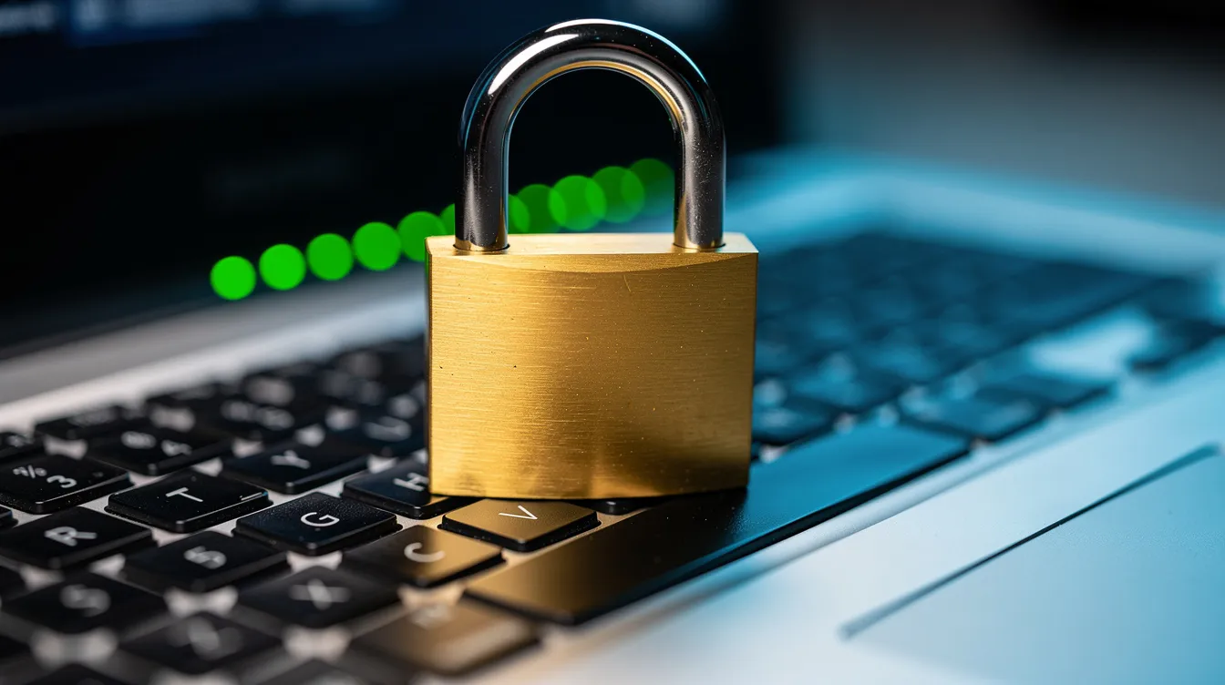 A golden padlock rests on a laptop keyboard, symbolizing security and protection, with soft green indicator lights glowing in the background. This image evokes themes of safe online transactions, relevant to users interested in trusted payment methods like PayPal for online gambling at casinos not on Gamstop.