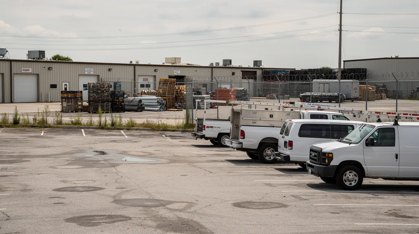 Parking area and fenced outdoor storage at a small industrial park.