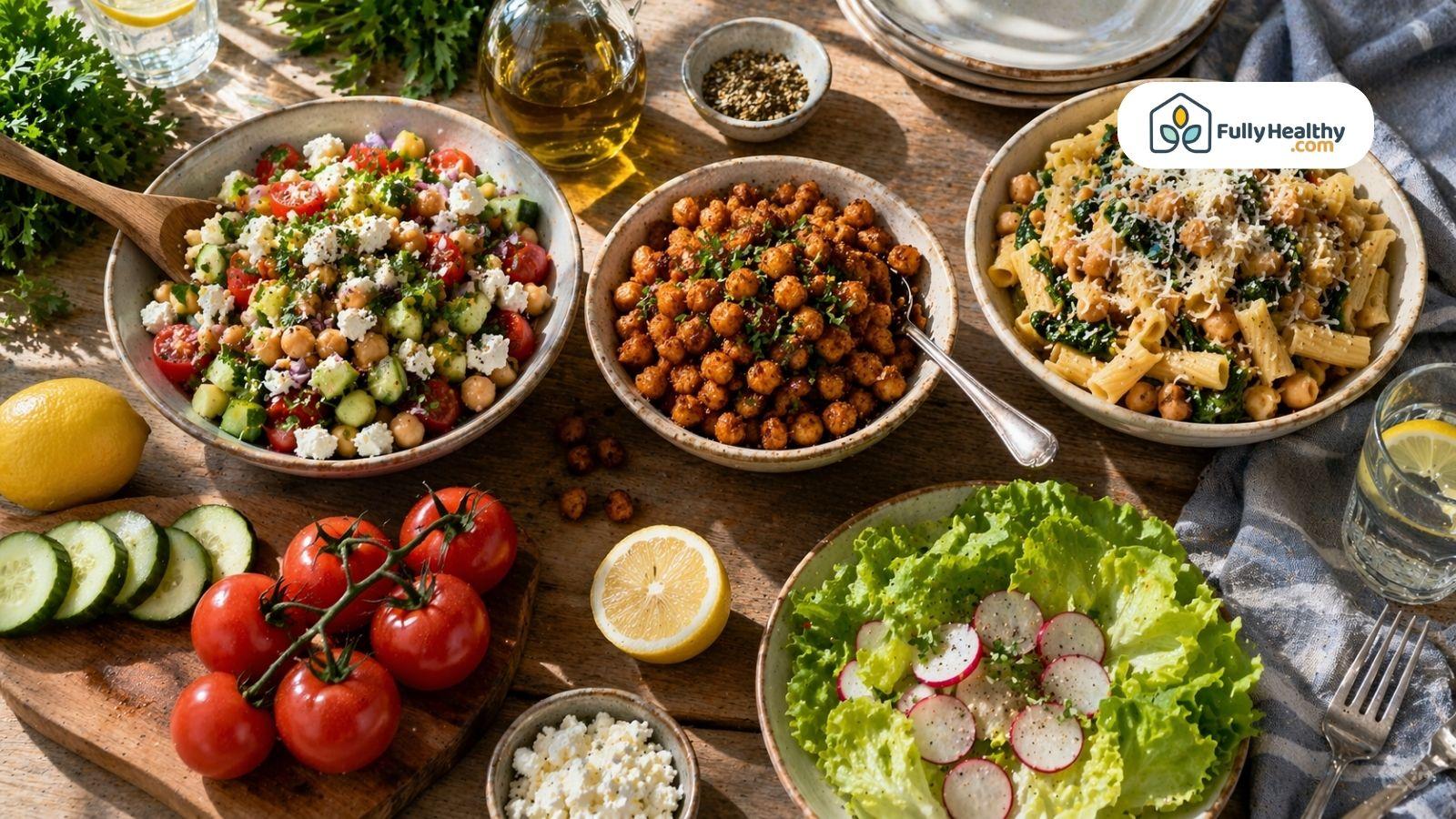 Healthy chickpea dishes including salad roasted chickpeas and pasta meal