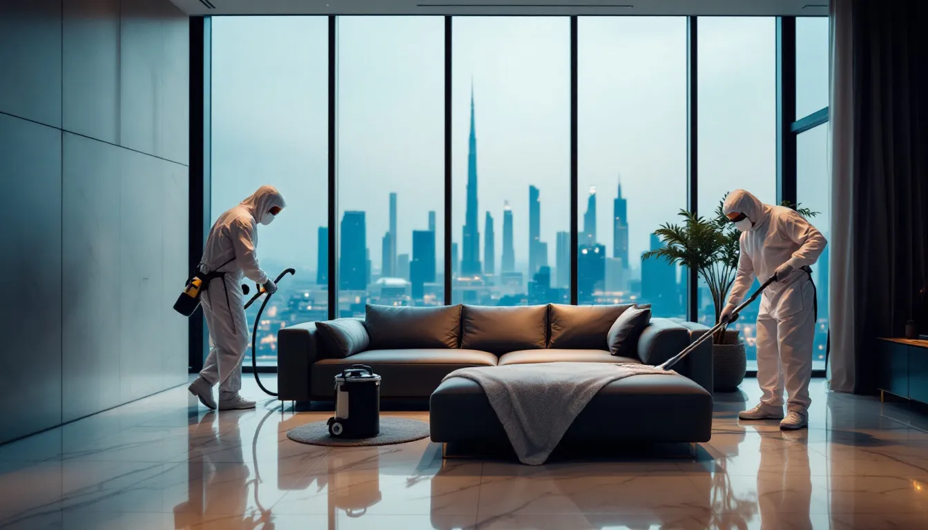 A professional sofa cleaning team at work in Dubai.