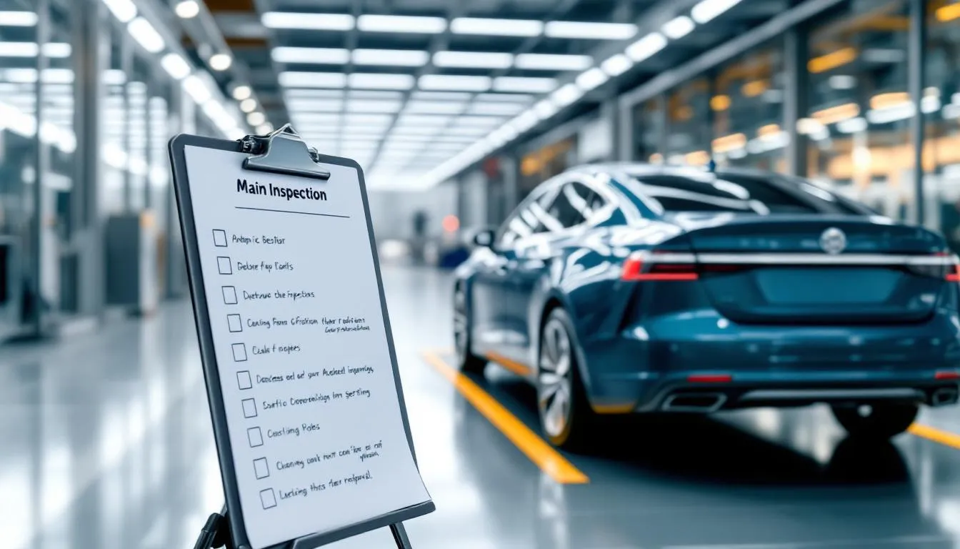 Ein Fahrzeug, das auf die Hauptuntersuchung vorbereitet wird, mit einer Checkliste daneben.