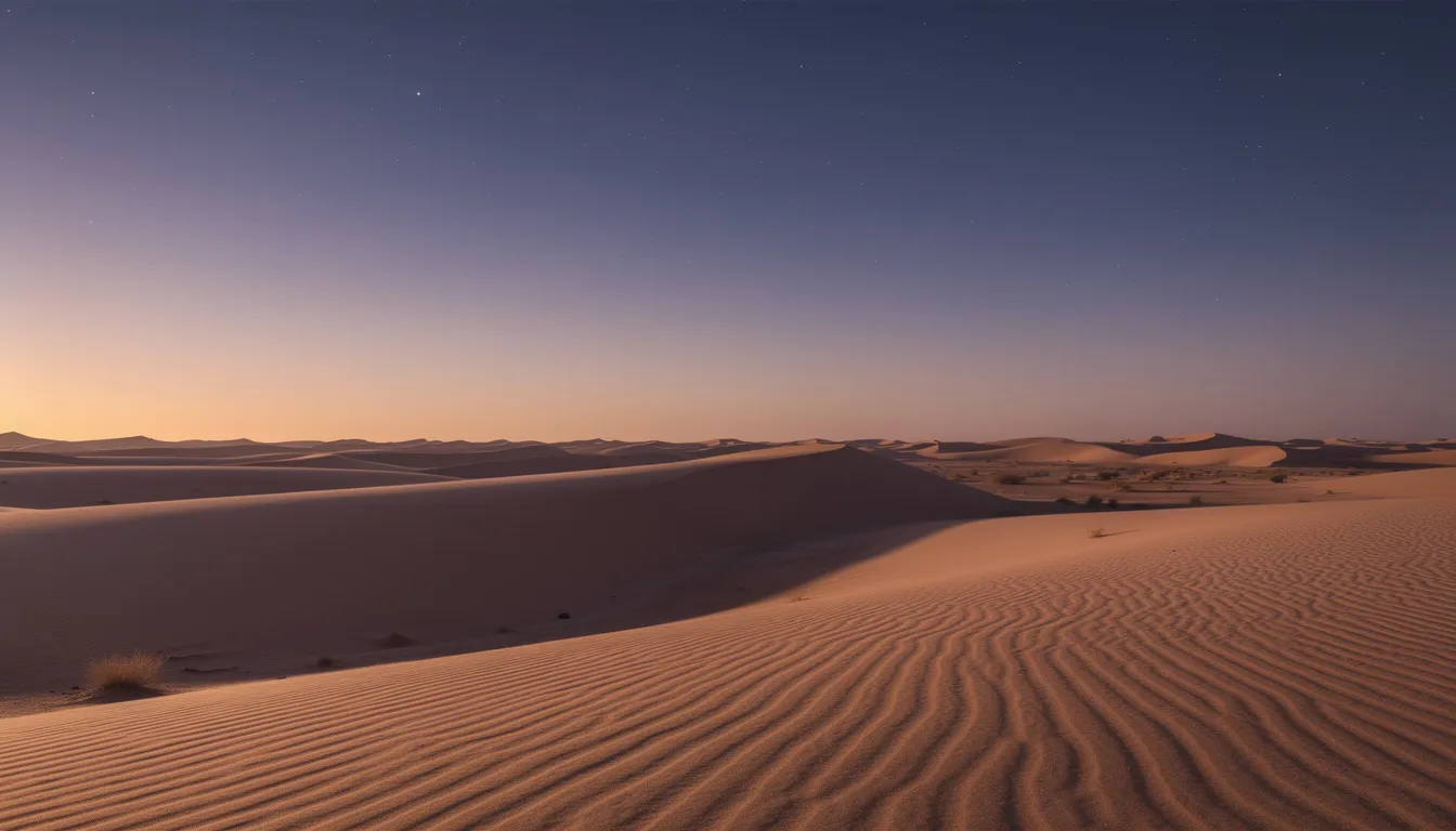 A serene desert landscape at twilight showcases rolling sand dunes under a vast, starry sky, evoking a sense of tranquility and connection to the rich history of Moroccan culture and spirituality. The scene reflects the mystical essence of Sufism, a spiritual tradition deeply rooted in Morocco and celebrated for its contributions to peace and harmony in the Muslim world.