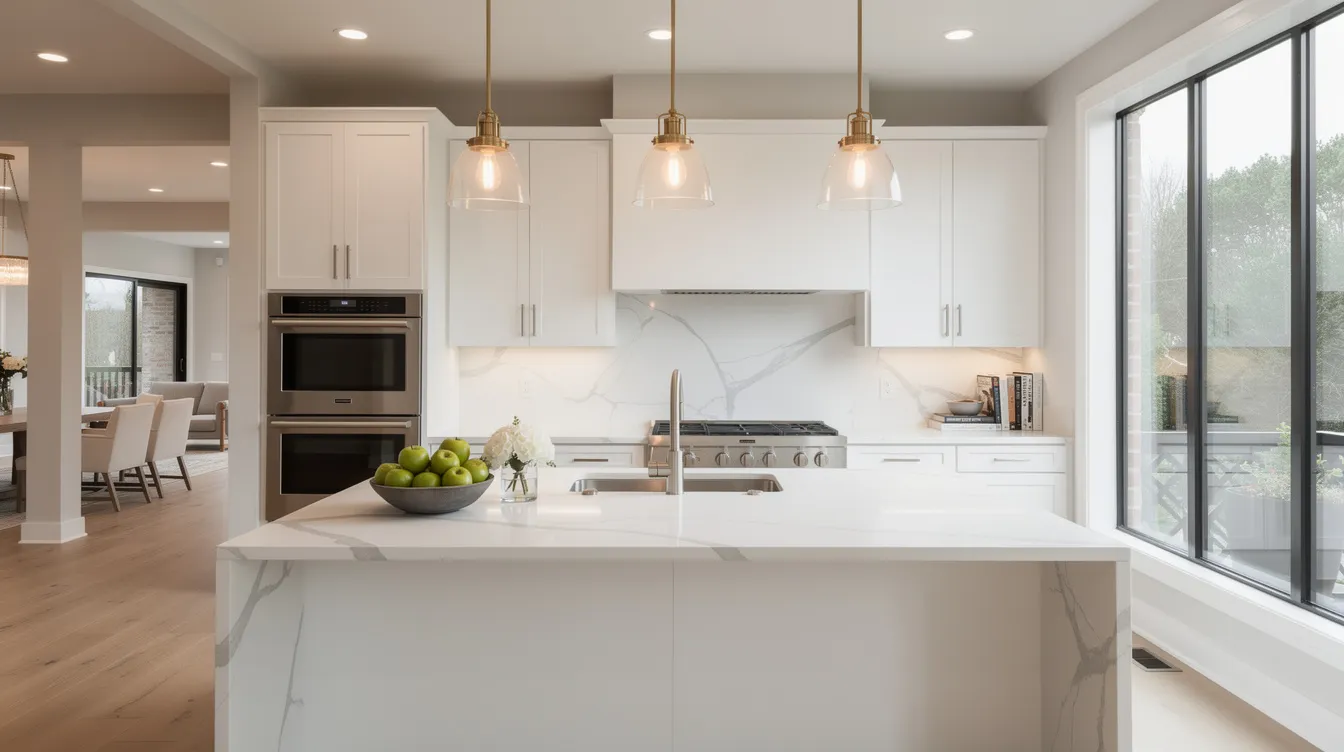 The image depicts a beautifully completed modern kitchen renovation featuring sleek white cabinetry, elegant stone countertops, and stylish pendant lighting, all set within a bright open-concept space. This successful home improvement project showcases effective project management, ensuring the renovation met the client's expectations and was completed on time and within budget.