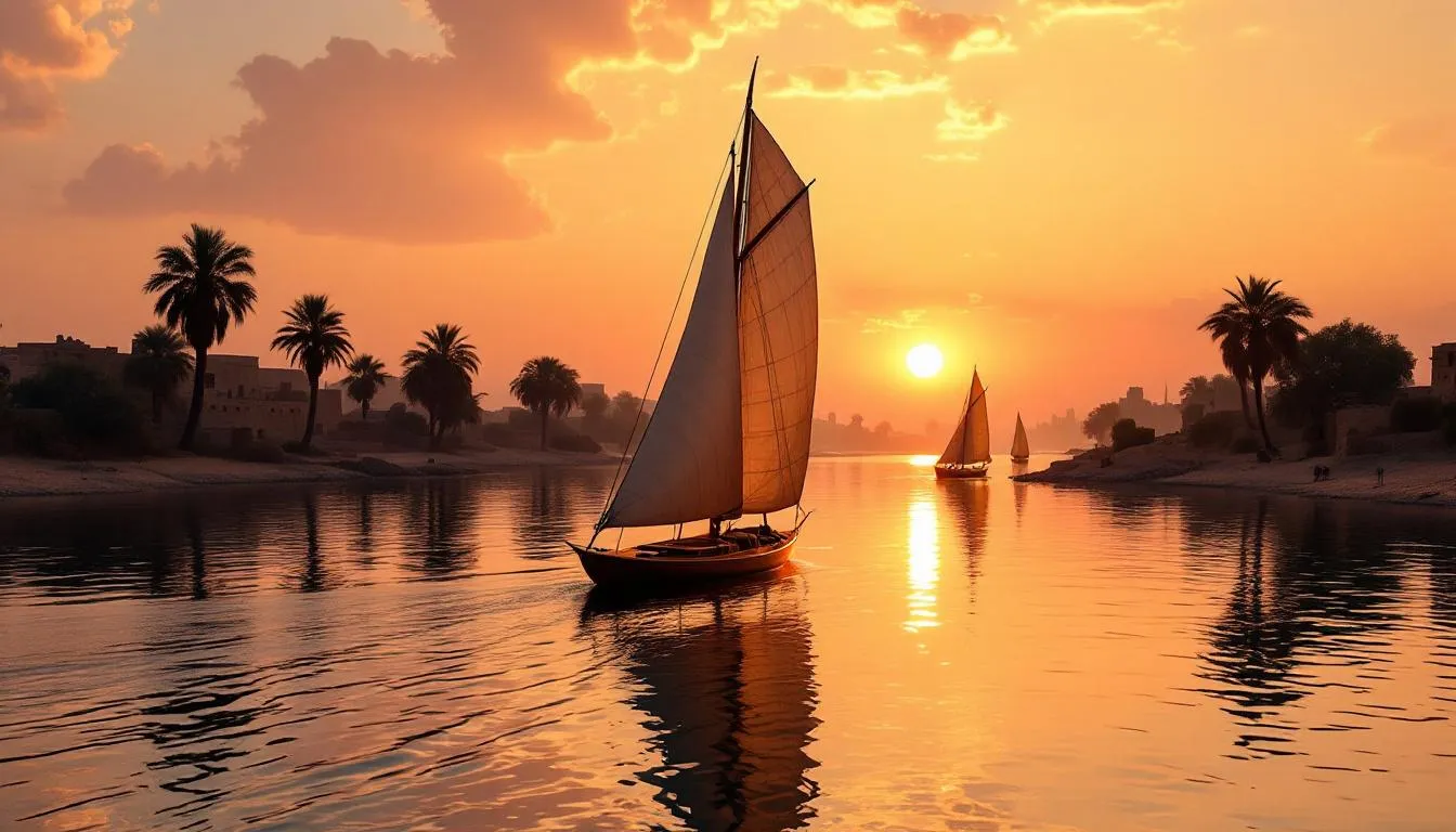 A imagem retrata uma bela paisagem do Vale do Nilo ao entardecer, com felucas tradicionais navegando suavemente pelo rio. Ao fundo, pode-se vislumbrar as pirâmides do Egito, simbolizando a rica história do Egito Antigo.