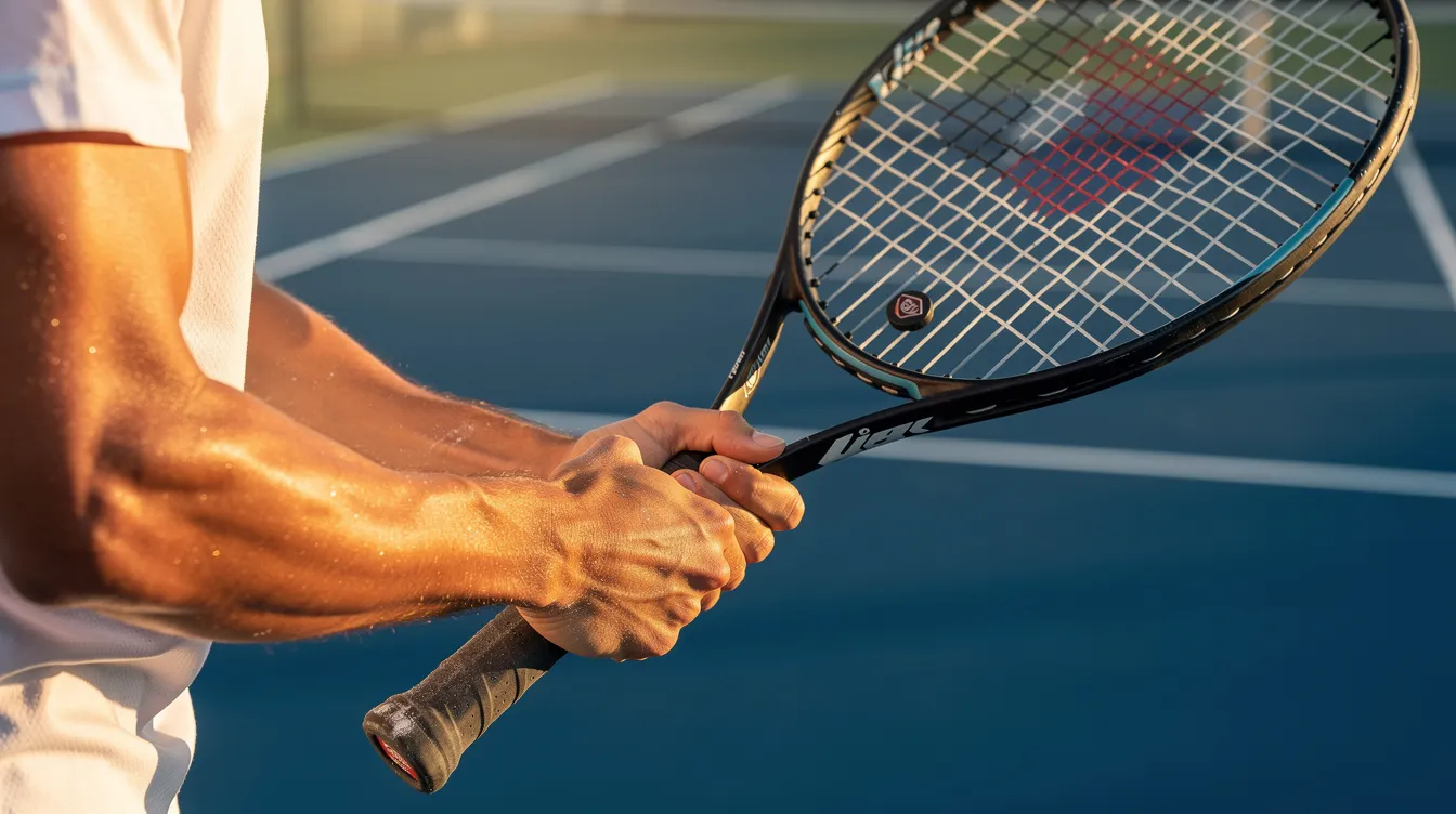 A close-up view of a tennis player's hands gripping a racquet with a continental grip, positioned in a ready stance on a sunny outdoor court, demonstrates the focus and preparation needed to react to an opponent's serve. The player's body is poised to move forward, ready to hit the ball with precision and control during the match.