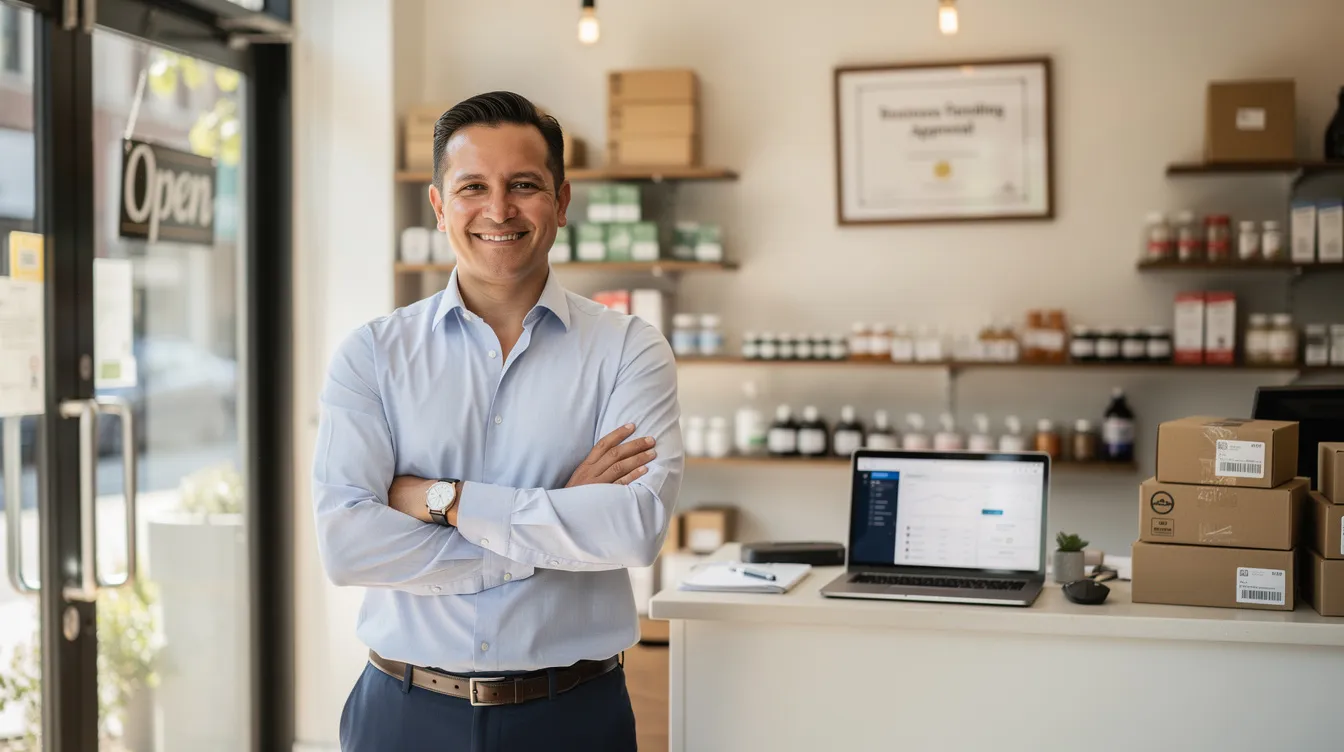 The image features a confident small business owner smiling proudly, showcasing their success after signing a contract to secure money for the business. The background hints at a bustling market environment, symbolizing the growth and potential of small and medium-sized businesses.
