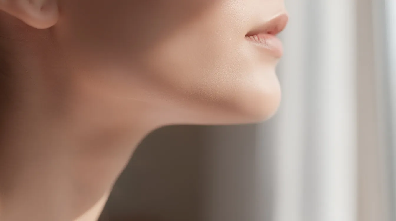 The image showcases a close-up profile of a person's neck and jawline, highlighting smooth skin texture and a defined jawline in natural lighting. The absence of sagging skin and visible neck bands suggests a youthful appearance, indicative of effective skin tightening treatments or possibly a neck lift procedure.