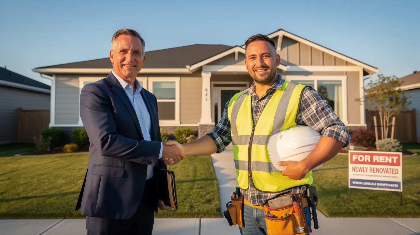 The image depicts an investor shaking hands with a contractor in front of a beautifully renovated residential property, symbolizing a successful partnership in real estate investment. This interaction highlights the importance of collaboration in securing financing for projects, such as those funded by hard money lenders, to transform distressed properties into profitable rental income opportunities.