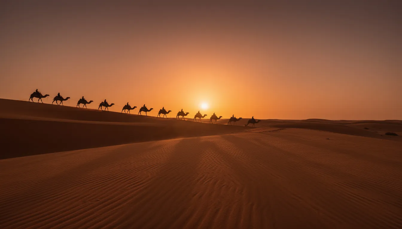 The image depicts a silhouette of a camel caravan crossing the vast sand dunes of the Sahara Desert at sunset, with a vibrant orange sky providing a stunning backdrop. This scene captures the essence of a desert tour in southern Morocco, highlighting the tranquil beauty of the Moroccan Sahara.