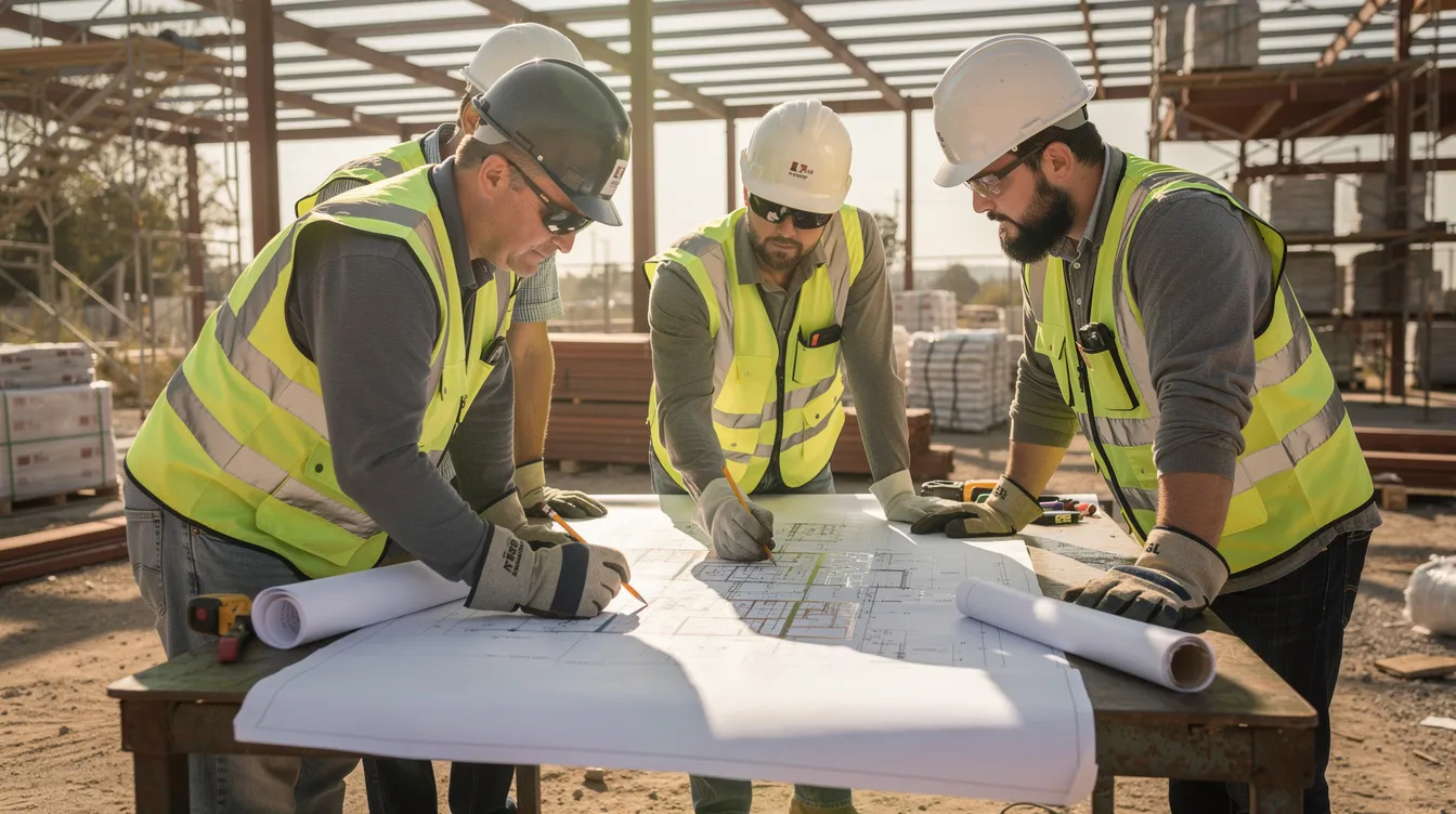 The image shows a group of construction workers gathered around a table, intently reviewing large paper plans for a construction project. This scene highlights the importance of proper documentation and communication in the construction industry, which can be crucial for lien rights and ensuring secure payment for labor and materials.