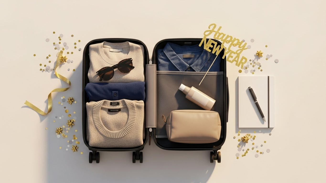 Flat lay of a partially packed suitcase with New Year’s decorations, confetti, and a notebook for planning holiday travel.