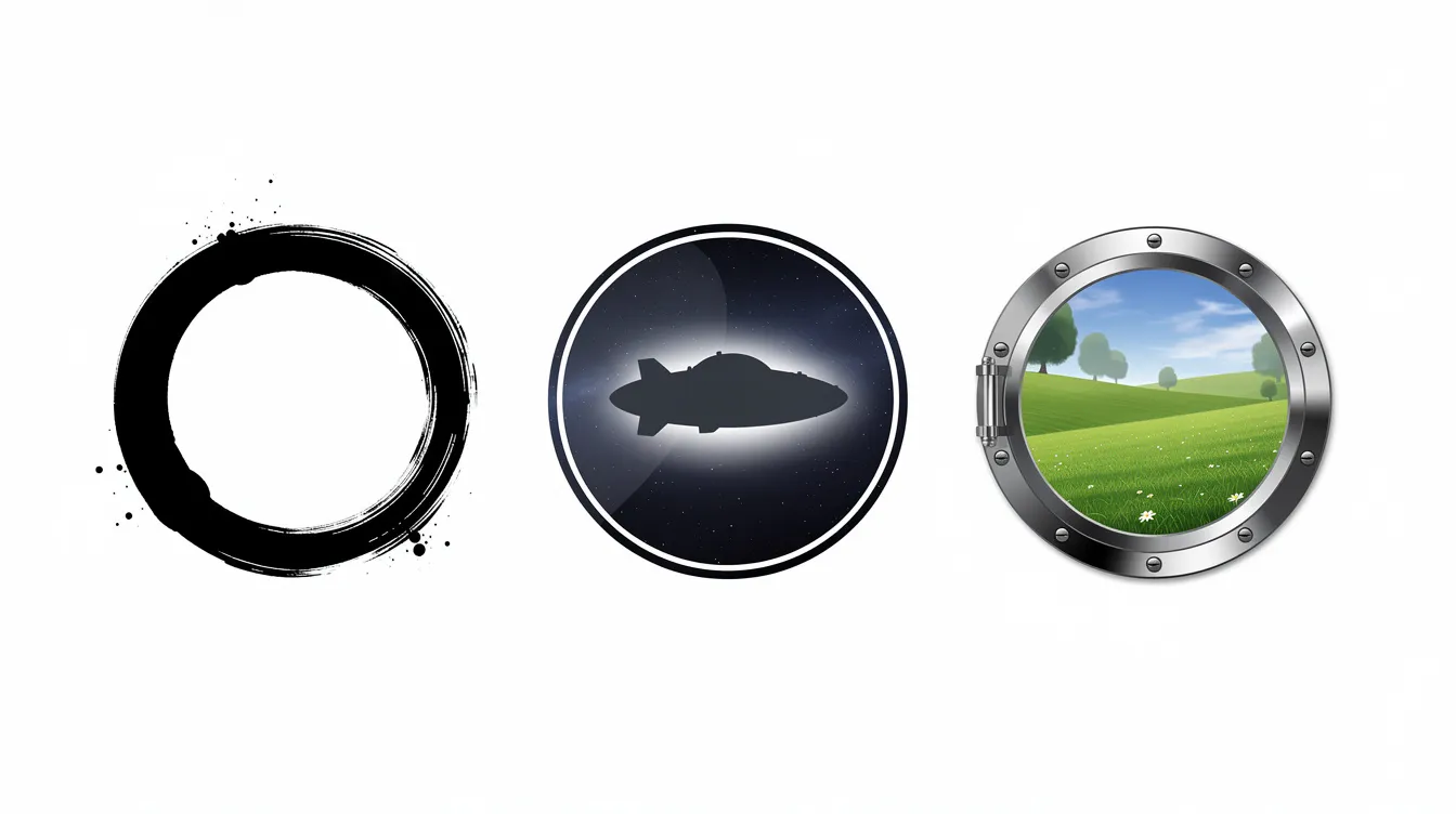 Das Bild zeigt verschiedene kreisförmige Motive nebeneinander: einen schwarzen Tintenring, eine ovale Silhouette eines Raumschiffs und den Blick durch ein rundes Fenster auf eine grüne Landschaft. Diese Anordnung könnte an die Themen des Science-Fiction-Dramas "Arrival" erinnern, das sich mit Kommunikation und Begegnungen zwischen Menschen und außerirdischen Wesen beschäftigt.