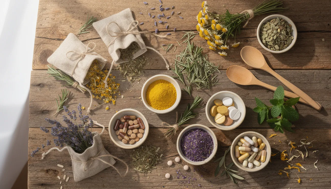 The image showcases a variety of dried herbs and natural supplements arranged artistically on a wooden surface, ideal for supporting restful sleep and alleviating menopause symptoms such as insomnia and mood swings. These herbs, including St. John's wort and lemon balm, are often used by perimenopausal and menopausal women seeking to improve sleep quality and overall well-being.