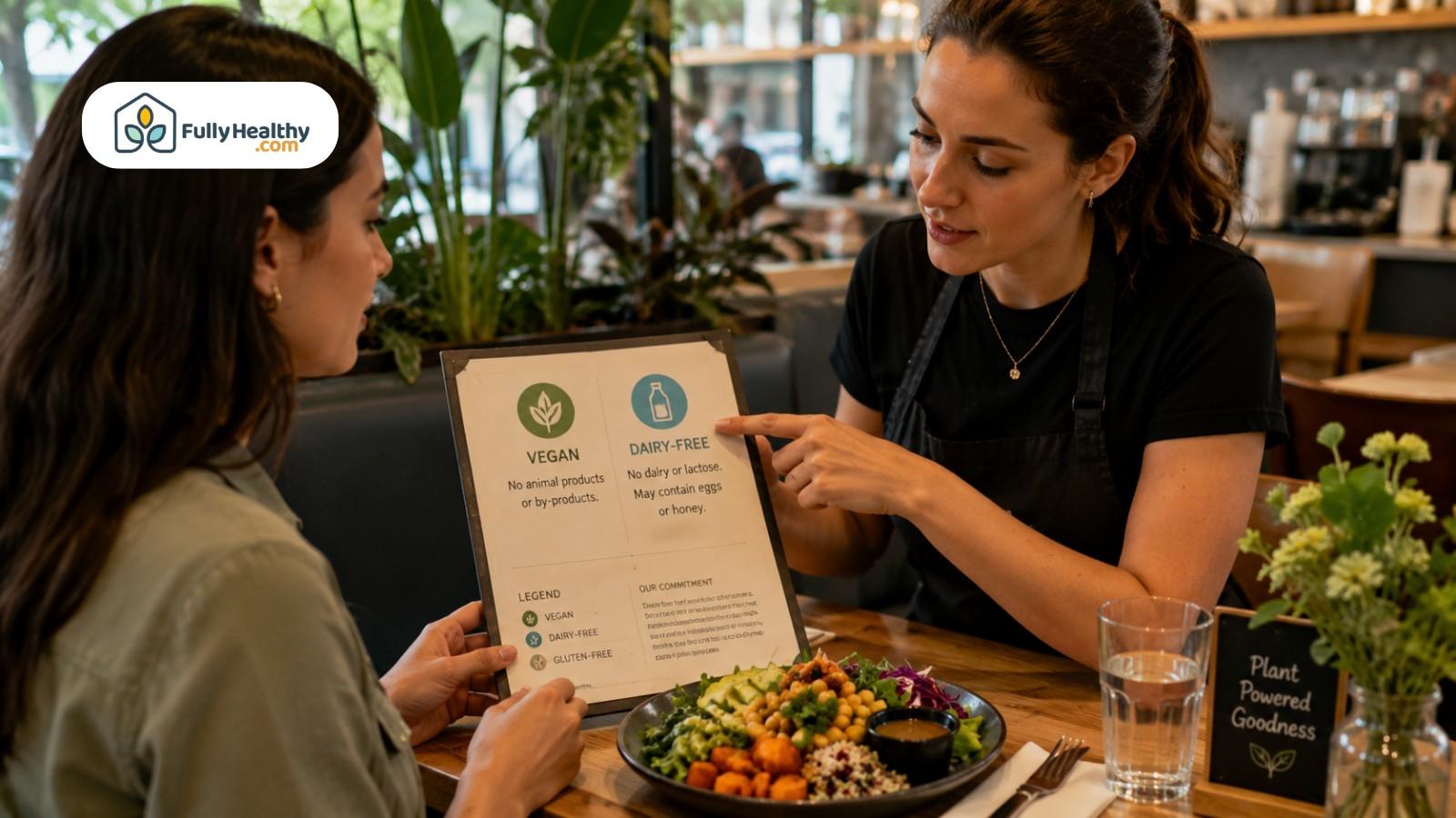 Server explaining vegan and dairy-free menu symbols beside colorful plant-based meal