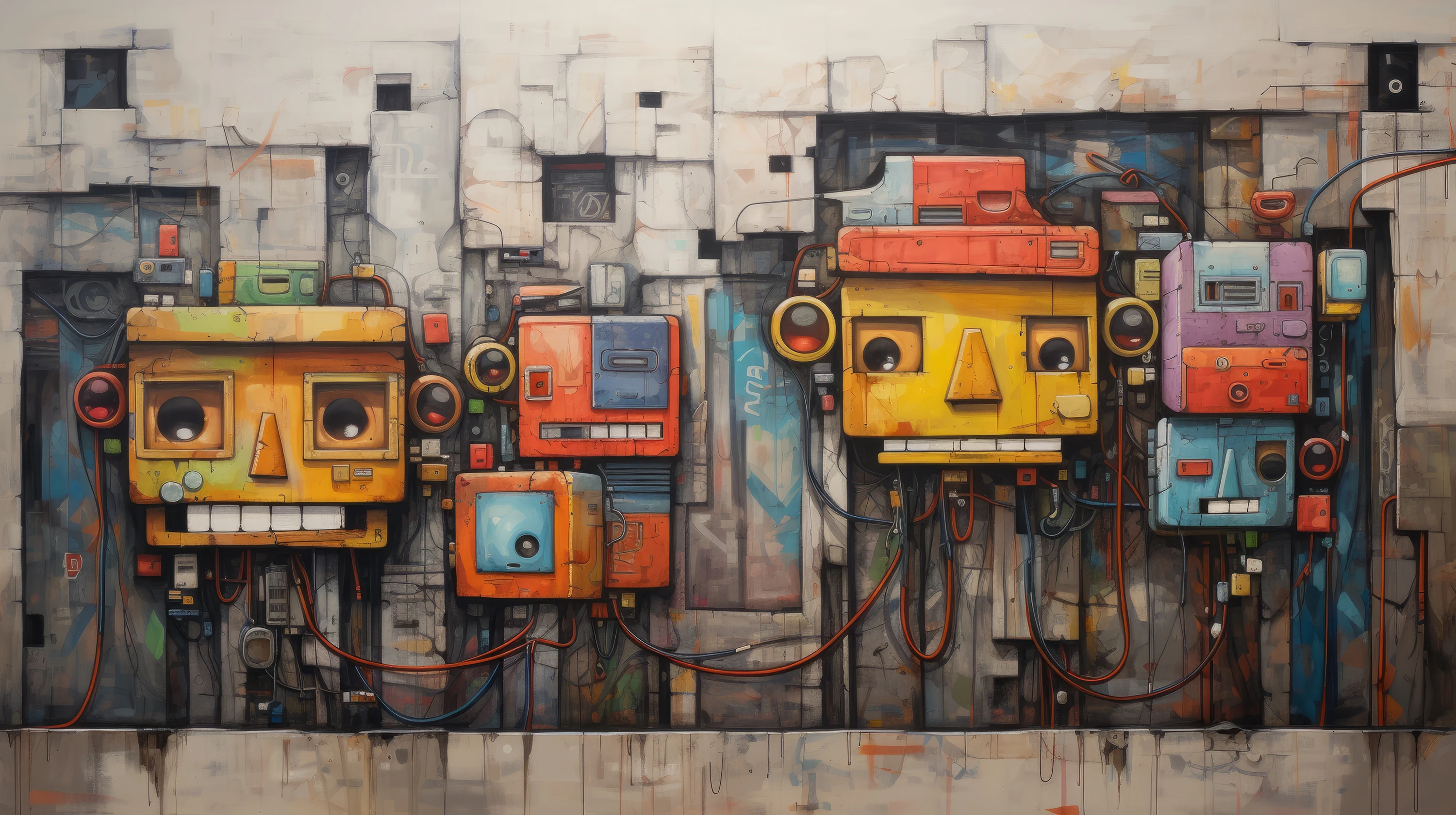 Eine surreale Komposition, die bunte mechanische Kisten vor einer Betonwand zeigt.
