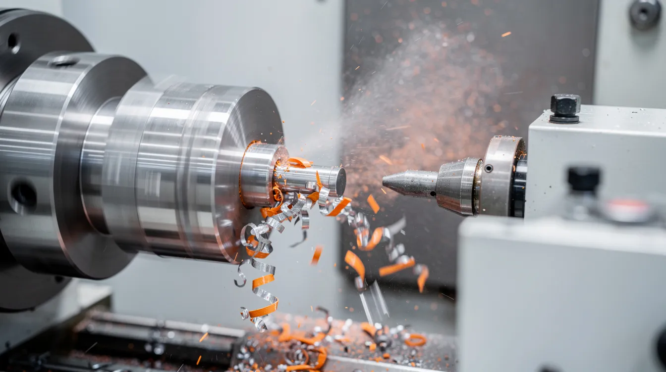 The image depicts a CNC lathe actively turning a polished stainless steel shaft, with metal chips flying off as part of the machining process. This scene illustrates the precision of CNC machining services, highlighting the efficiency of custom CNC manufacturing in producing high-quality machined parts.