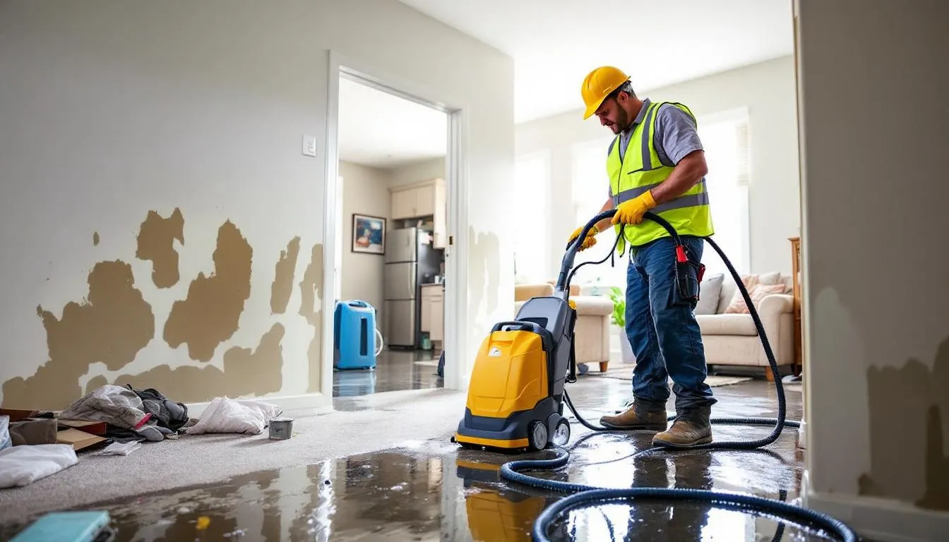 In The Image, A Flood Damage Contractor Is Seen Wearing Protective Clothing, Including Rubber Gloves And Waterproof Boots, While Assessing A Flooded Area Filled With Standing Water And Debris. They Are Taking Extreme Caution To Prevent Mold Growth And Other Hazardous Materials As They Begin The Cleanup Process, Which Includes Cleaning Surfaces And Ensuring Safety Against Contaminants.