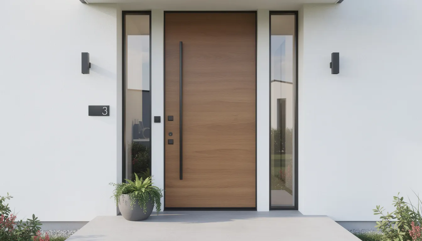 The image features an attractive modern front door with sleek sidelights and contemporary hardware, enhancing the home's curb appeal. This stylish entry door not only improves the overall appearance of the home's exterior but may also contribute to better energy efficiency and security.