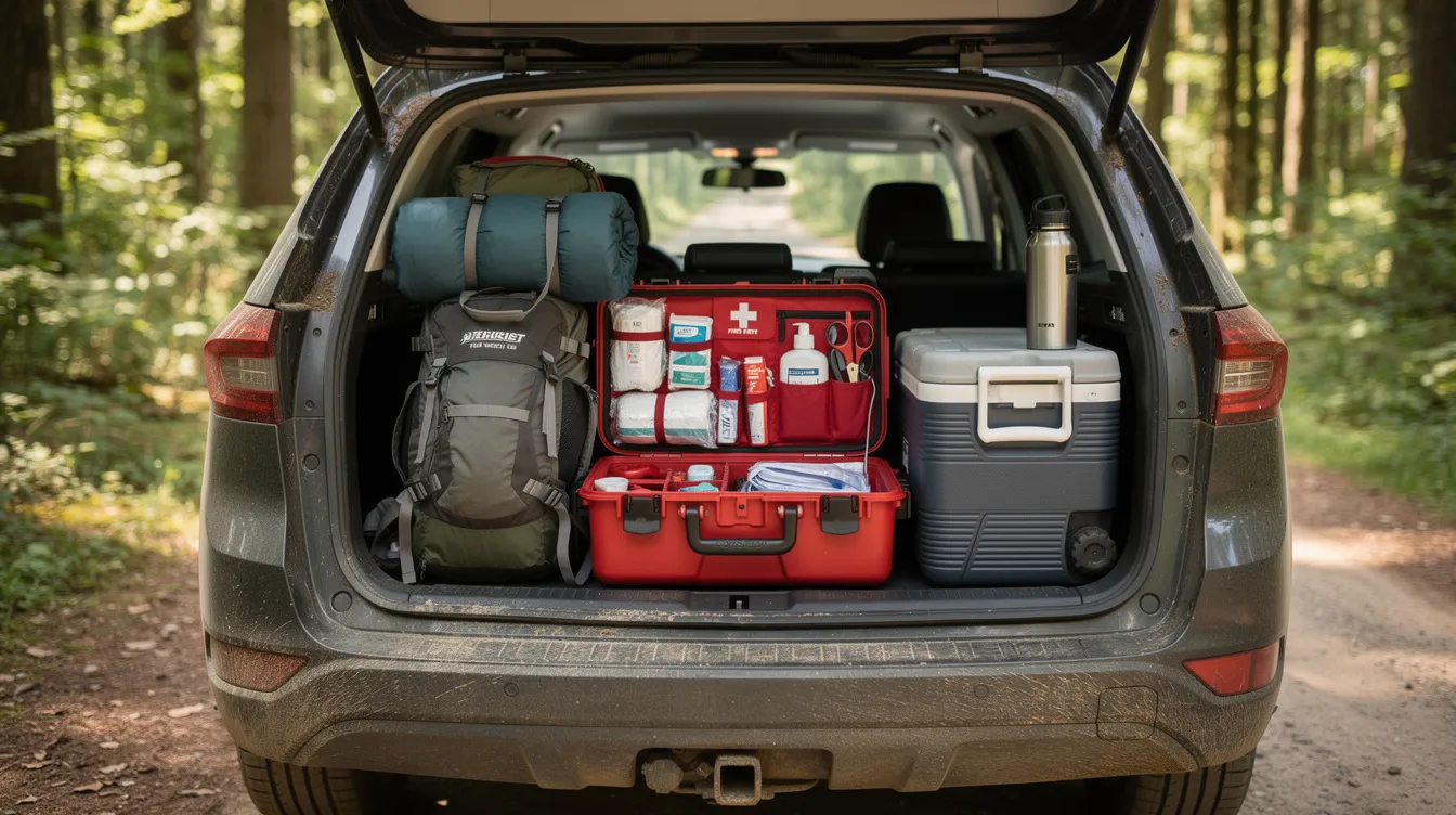 A large first aid kit filled with medical supplies sits in the open trunk of a car next to camping gear and a cooler, with a forest road stretching into the background. This well-stocked kit is essential for outdoor adventures and emergency care during road trips.