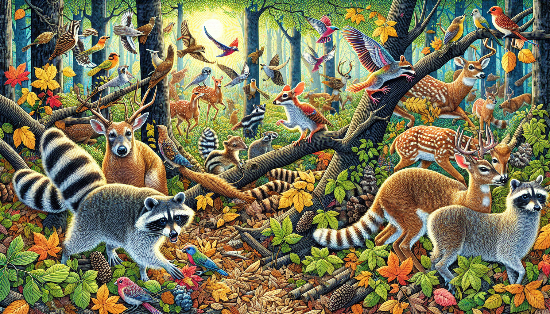 Illustration of common wildlife species and their behaviors.