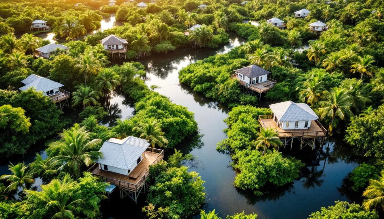 An aerial view of Sanibel Bayous showcases elevated homes surrounded by lush tropical vegetation and winding tidal waterways. This picturesque scene highlights the serene beauty of Sanibel Island, emphasizing the unique charm of Sanibel Bayous real estate.