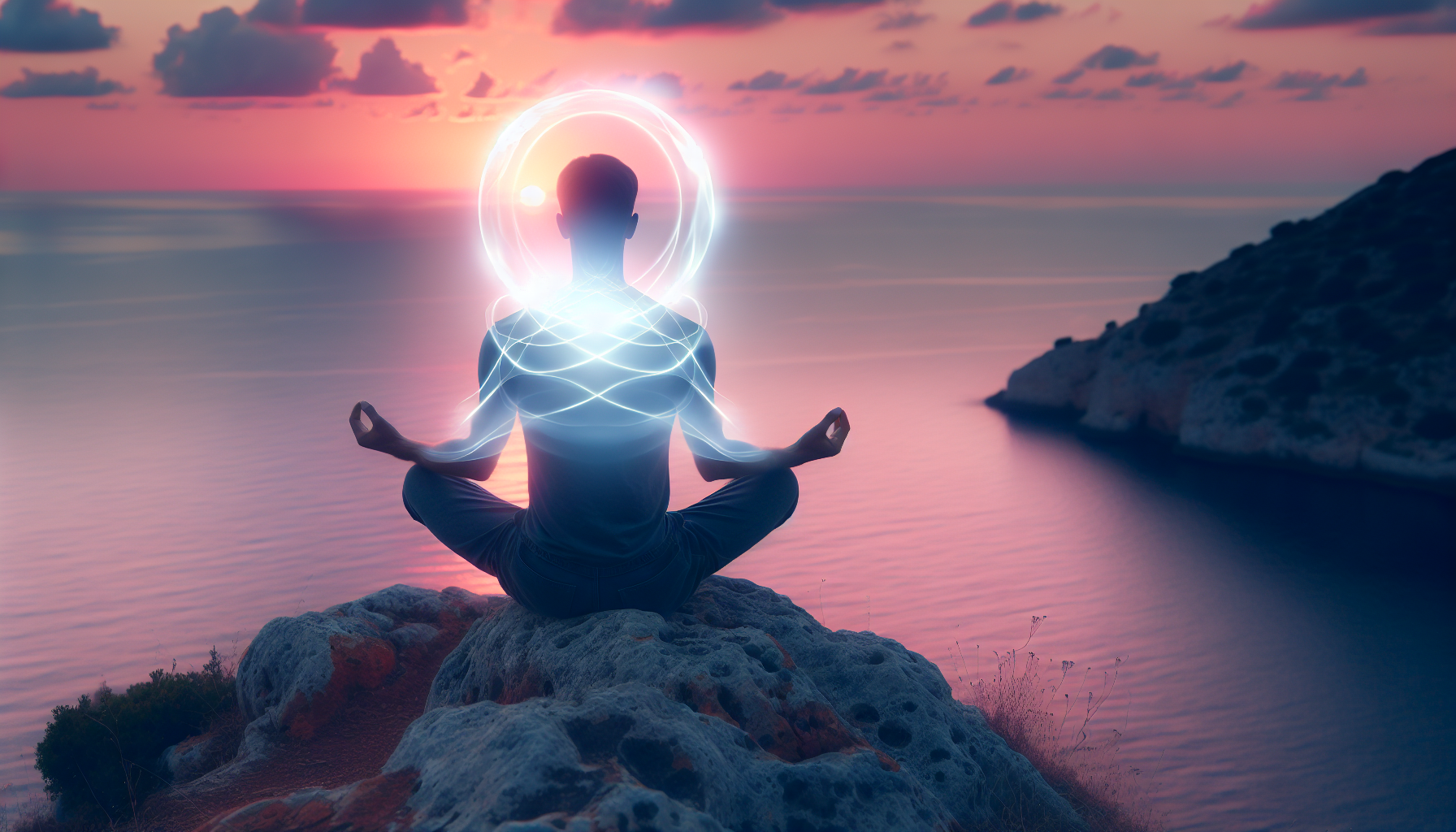 Meditating person surrounded by healing light