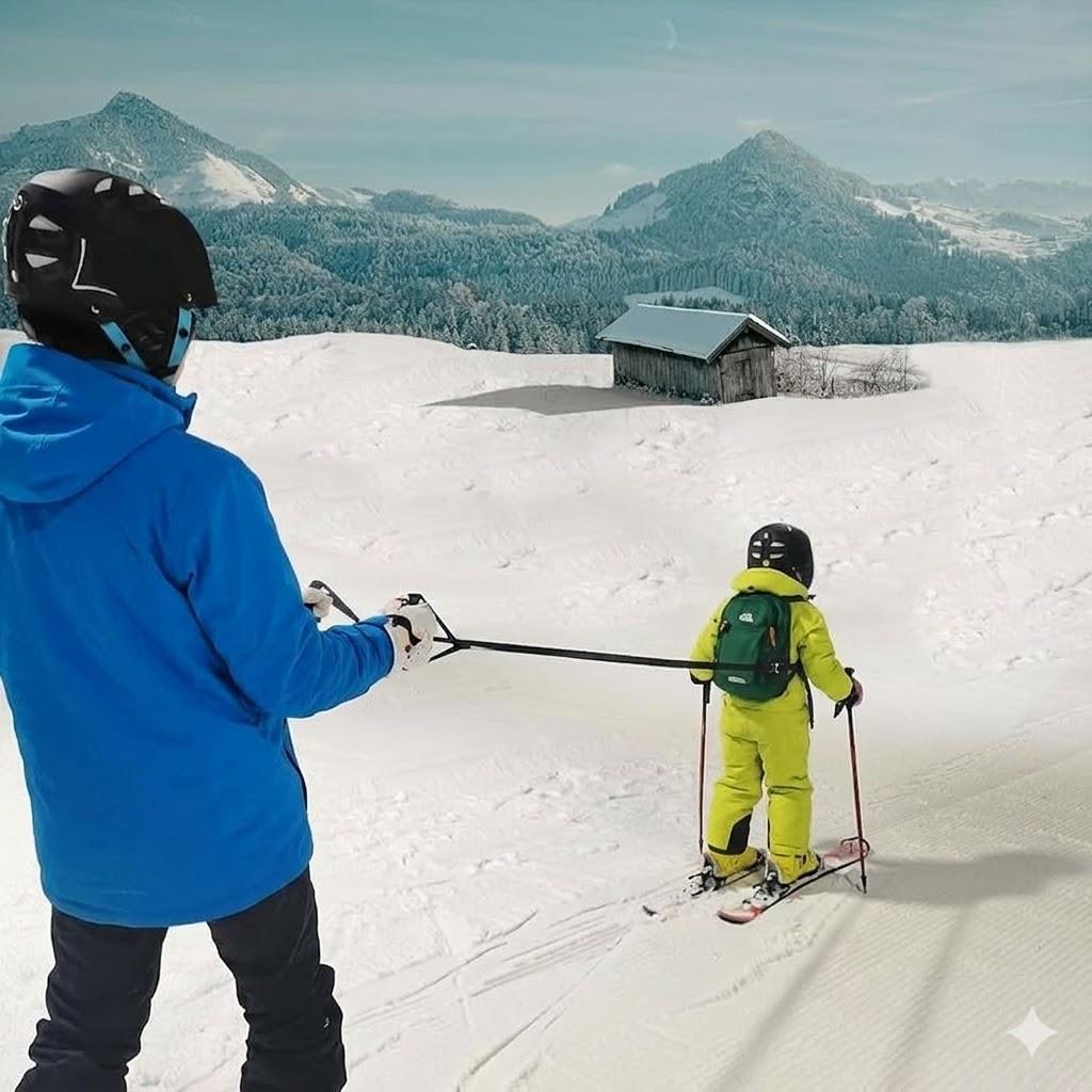 Ein Elternteil und ein Kind stehen auf einer breiten blauen Anfängerpiste an einem sonnigen Wintertag. Das Kind trägt einen Skigurt zur Unterstützung beim Skifahren, während es mit Freude und Selbstvertrauen die ersten Versuche im Pflug macht.