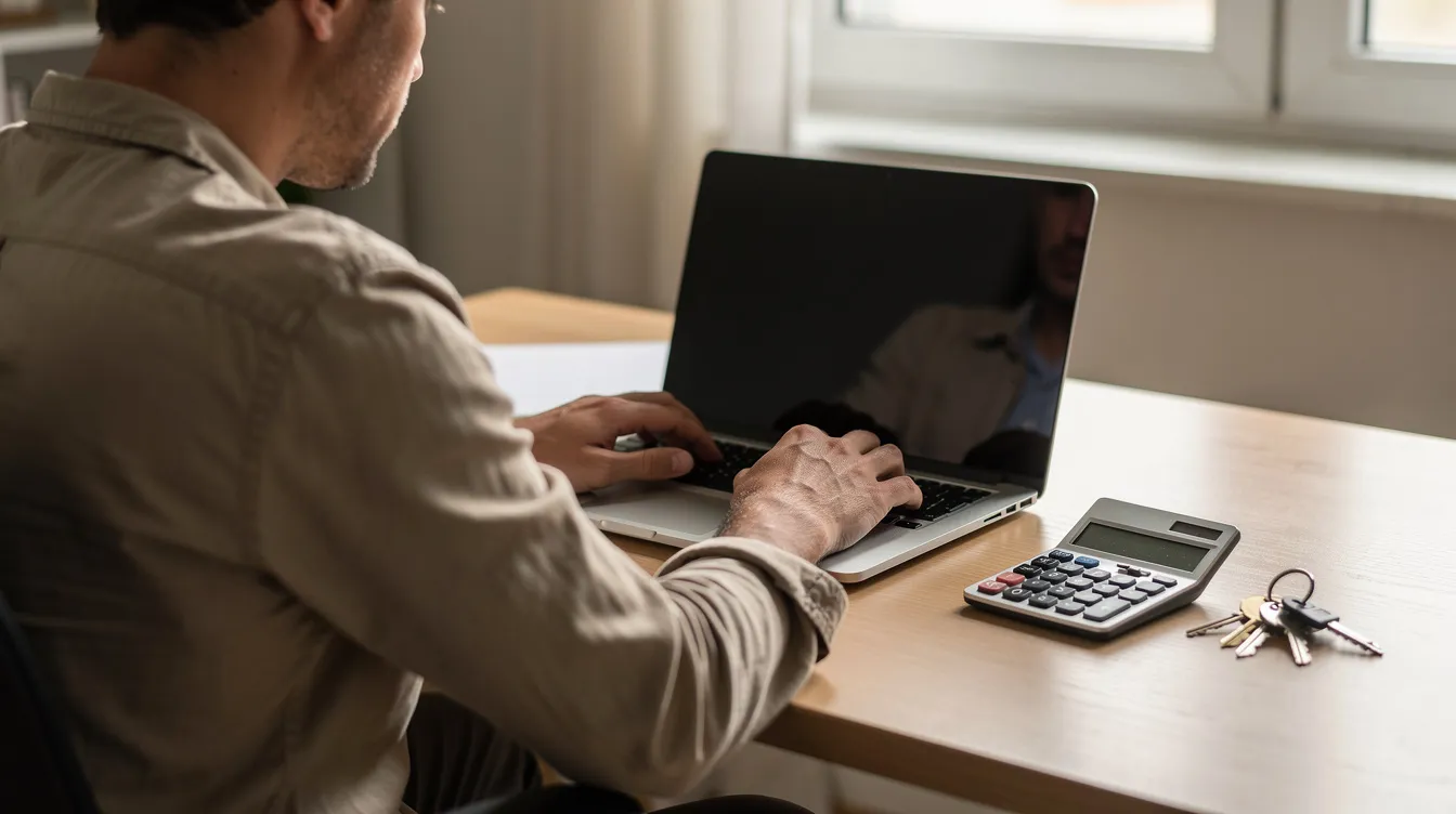 The image shows a person seated at a desk, intently working on a laptop, with a calculator and house keys placed beside them. This scene suggests they might be calculating monthly mortgage payments or exploring options for a new mortgage deal to save money on their existing mortgage.
